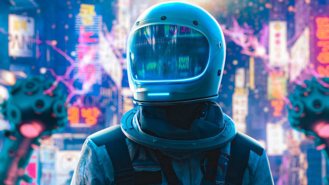 Space suit man neon cityscape free wallpaper for desktop - medium preview image