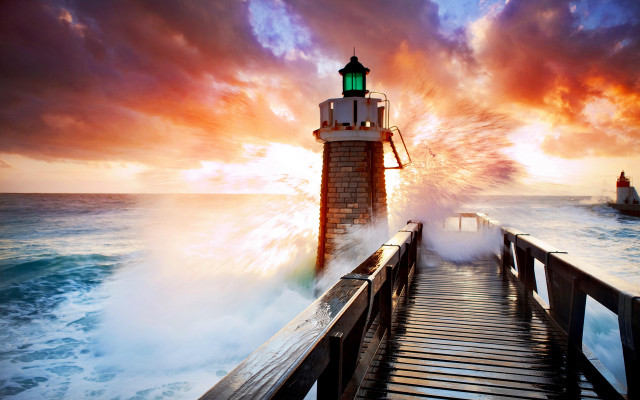 Lighthouse storm boat dusk cityscape free wallpaper for desktop - medium preview image
