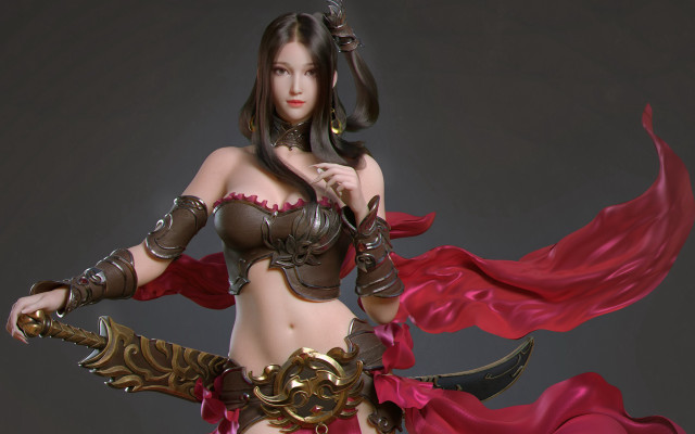 Fantasy woman sword redcape statue free wallpaper for desktop - medium preview image