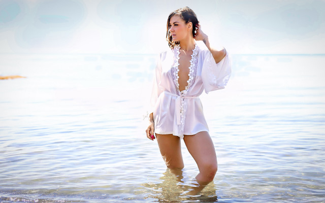 Woman white romper pearls lake free wallpaper for desktop - medium preview image