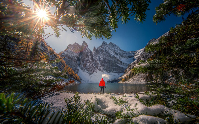 Snow lake mountains forest sky free wallpaper for desktop - medium preview image