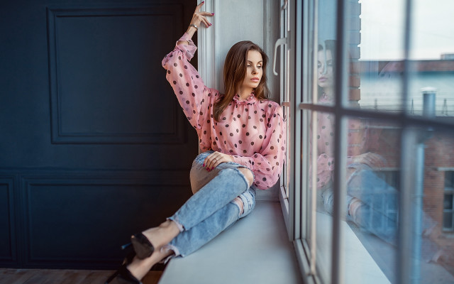 Woman window sill city pajamas free wallpaper for desktop - medium preview image