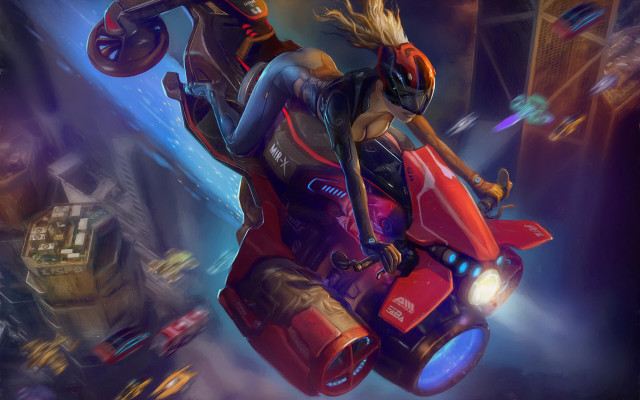 Futuristic city woman motorcycle cat free wallpaper for desktop - medium preview image