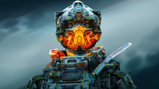Robot knife fire face cyberpunk free wallpaper for desktop - medium preview image