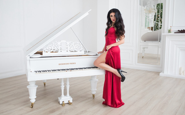 Woman red dress piano white free wallpaper for desktop - medium preview image