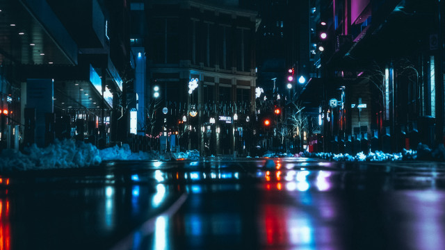 City street night glowing lights free wallpaper for desktop - medium preview image