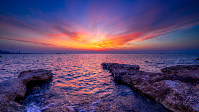 Sunset ocean dock mystical colors free wallpaper for desktop - medium preview image