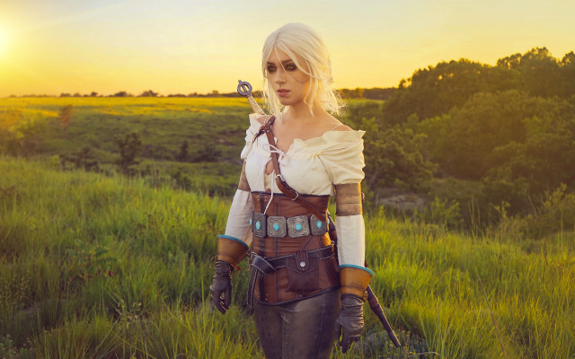 Woman cosplay archer field sunset free wallpaper for desktop - medium preview image