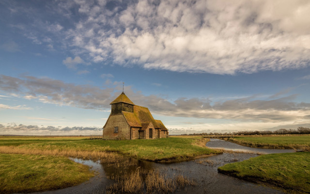 Small church stream cloudy sky free wallpaper for desktop - medium preview image