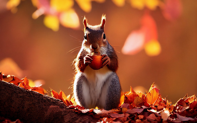 Squirrel apple autumn leaves blurry free wallpaper for desktop - medium preview image