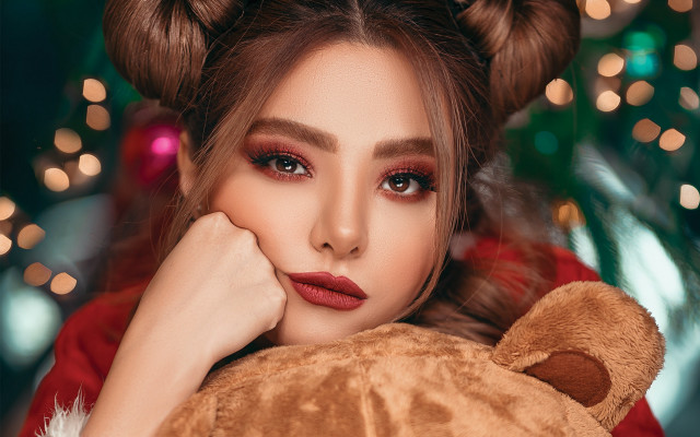 Christmas woman teddy bear bokeh free wallpaper for desktop - medium preview image