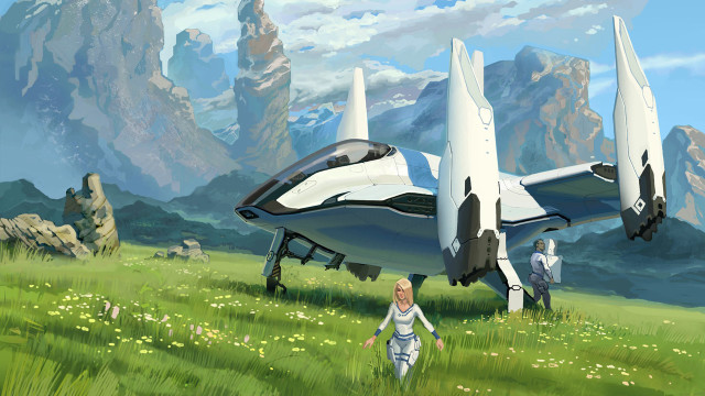 Futuristic airplane field man child free wallpaper for desktop - medium preview image
