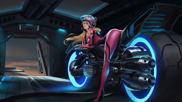 Futuristic girl motorcycle blue light free wallpaper for desktop - medium preview image