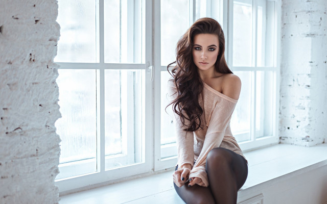 Woman sitting window sill brick free wallpaper for desktop - medium preview image