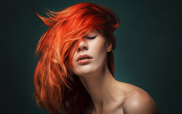 Red hair blowing wind photorealistic free wallpaper for desktop - medium preview image