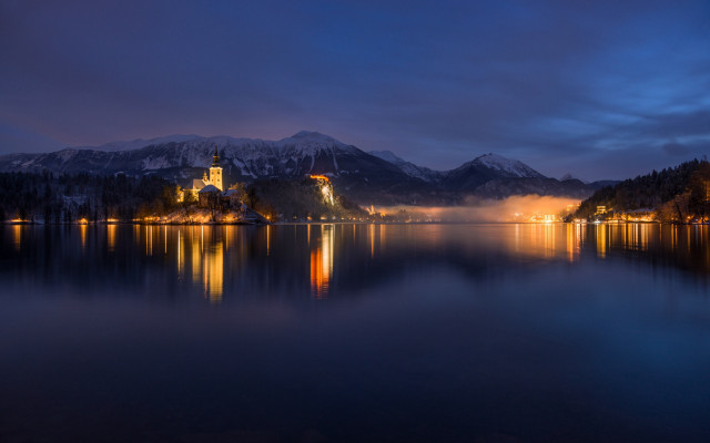Castle lake mountains night fog free wallpaper for desktop - medium preview image