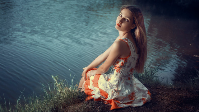 Woman lake dress orange white free wallpaper for desktop - medium preview image