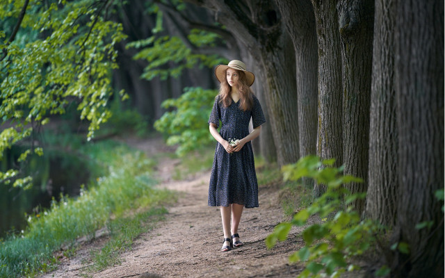 Woman hat walking woods river free wallpaper for desktop - medium preview image