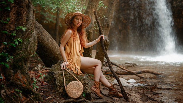 Woman hat sitting waterfall arts free wallpaper for desktop - medium preview image
