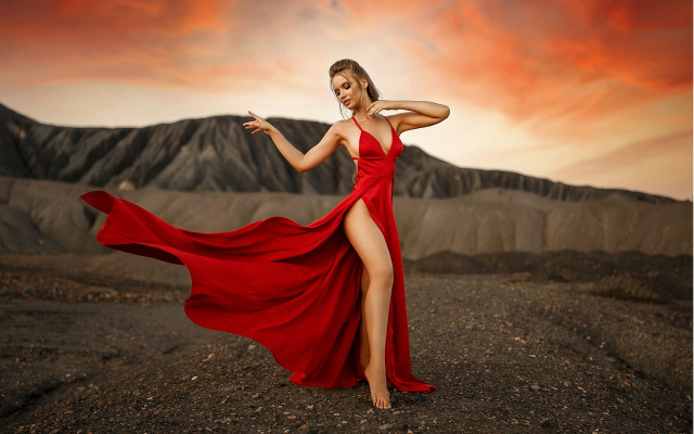 Woman red dress desert sunset free wallpaper for desktop - medium preview image