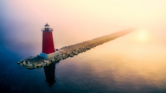 Lighthouse pier fog night sky free wallpaper for desktop - medium preview image