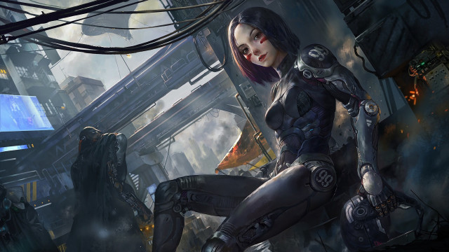Futuristic woman cyberpunk robot city free wallpaper for desktop - medium preview image