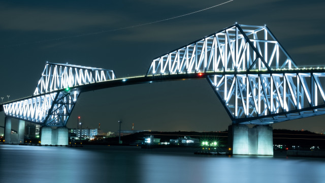 Bridge lit night plane cityscape free wallpaper for desktop - medium preview image
