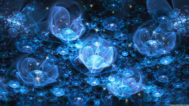 Blue flowers bubbles dark background free wallpaper for desktop - medium preview image