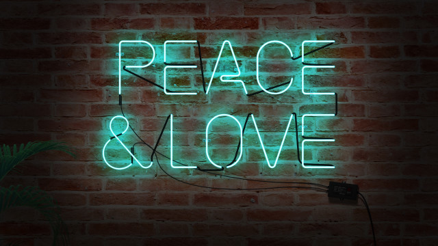 Neon peace love brick wall free wallpaper for desktop - medium preview image