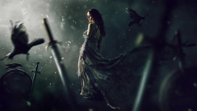 Woman dress rain sword bird free wallpaper for desktop - medium preview image