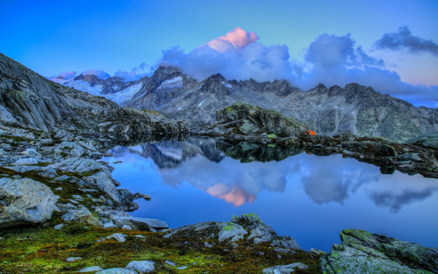 Mountain lake rocks grass clouds #2 free wallpaper for desktop - medium preview image