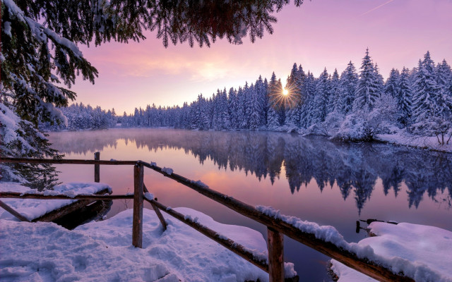 Snowy lake mountains sunset forest free wallpaper for desktop - medium preview image