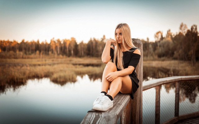 Woman dock lake trees sunset free wallpaper for desktop - medium preview image