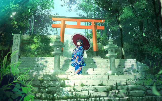 Woman kimono umbrella torii fireflies free wallpaper for desktop - medium preview image