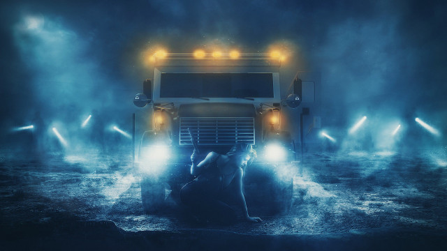 Woman truck fog night cinematic free wallpaper for desktop - medium preview image