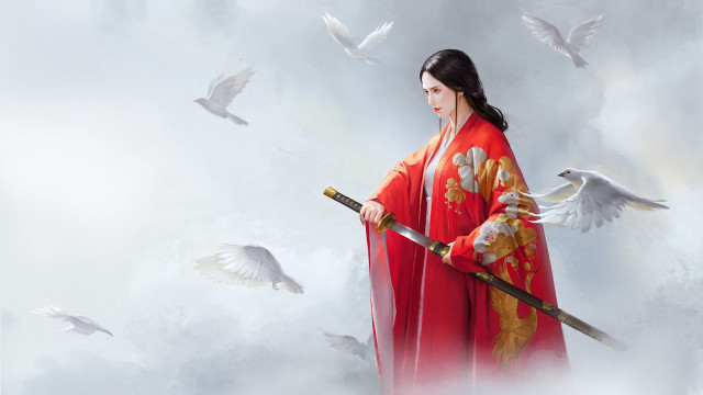 Woman kimono sword bird wings free wallpaper for desktop - medium preview image