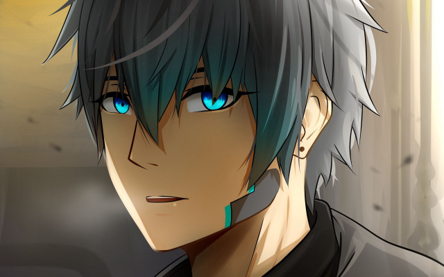 Cybernetic anime man blue eyes free wallpaper for desktop - medium preview image