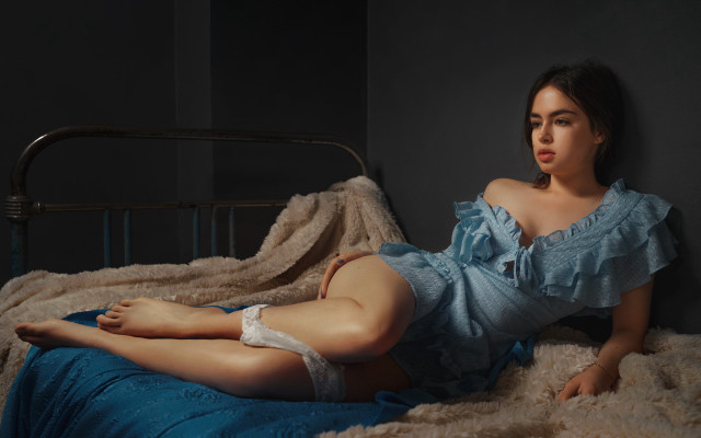 Woman blue dress bed araceli free wallpaper for desktop - medium preview image