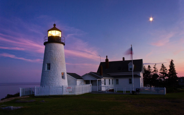 Lighthouse dusk ocean moon cityscape free wallpaper for desktop - medium preview image