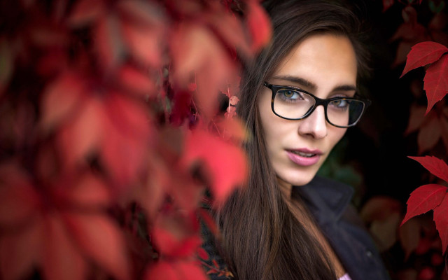 Woman glasses autumn leaves bokeh free wallpaper for desktop - medium preview image
