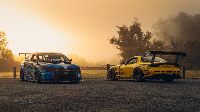 Sunset fog cars dirtroad fence free wallpaper for desktop - medium preview image