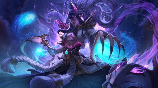 Woman sword blue dress glowing free wallpaper for desktop - medium preview image