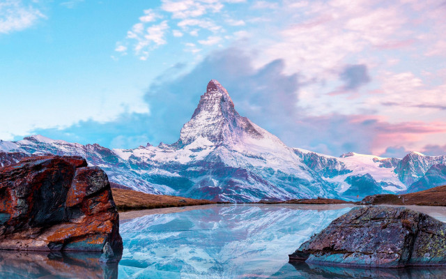 Mountain reflection lake rocks pink free wallpaper for desktop - medium preview image