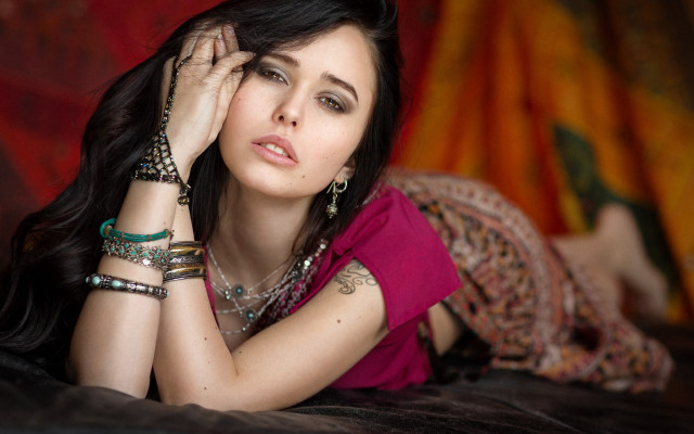 Woman laying bed colorful background free wallpaper for desktop - medium preview image