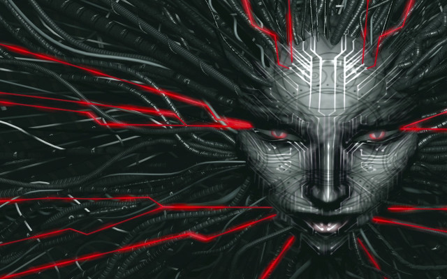 Cyberpunk face red eyes sharp free wallpaper for desktop - medium preview image