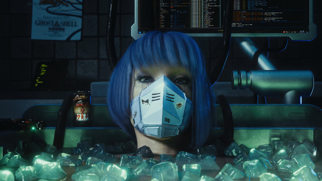 Woman bluehair mask crystals cyberpunk free wallpaper for desktop - medium preview image