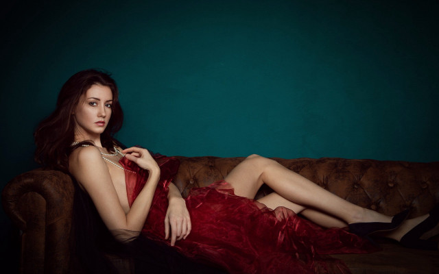 Woman red dress couch fashion free wallpaper for desktop - medium preview image