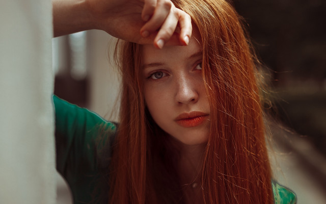 Redhair woman portrait looking camera free wallpaper for desktop - medium preview image