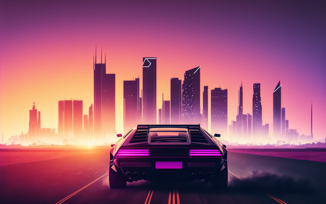 Neon pink sunset cityscape retrofuturism free wallpaper for desktop - medium preview image