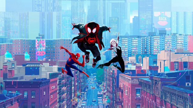 Flying heroes cityscape spiderverse architecture free wallpaper for desktop - medium preview image